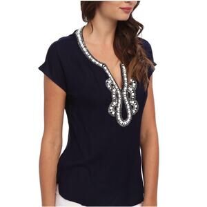 Lilly Pulitzer Women’s Valencia Beaded Cap Sleeve Too Top Navy Embellished Small